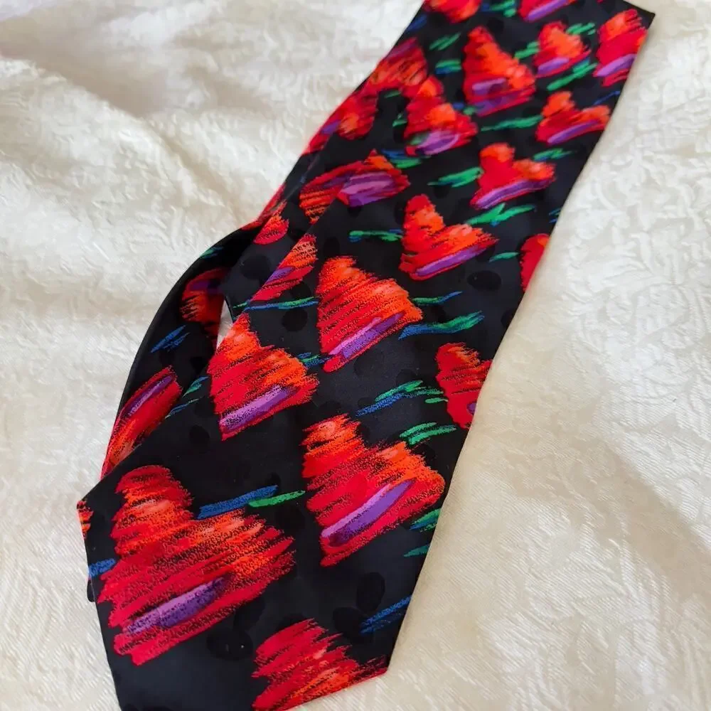 Vintage Addiction Hopeless Romantic Silk Tie Black w/ Red Hearts 1990’s Novelty